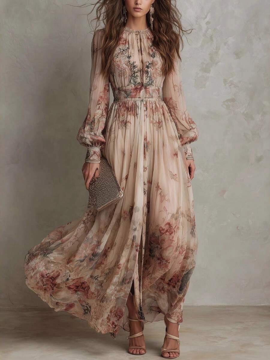 Casual Gown With A Vintage Floral Chiffon Design, Featuring A Crew Neck, Long Sleeves, And A Ruched Waist - 彩色 - 查看 1