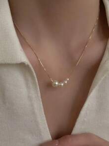 Kalung Rantai Mutiara, Rantai Tulang Selangka Elegan Minimalis untuk Wanita Lembut, Aksesori Kalung Kreatif dan Chic - Emas - View 5