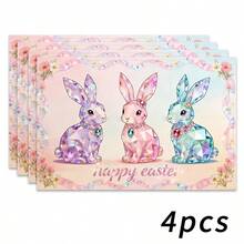 4pcs Easter Theme Placemats, Cute Rabbit Pattern With Diamond Elements And Floral Design, Suitable For Party Dining And Easter Decoration. Size: 30x45cm, Applicable For Seasonal Home Decor, Holiday Table Decor, Farmhouse Style, Washable And Durable. An Ideal Gift Choice. - Multicolor - View 24