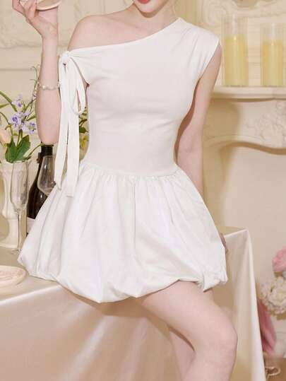 One Shoulder Tie Strap Bubble Hem Mini Dress White Party Dress, Summer Vacation Graduation Birthday Outfits