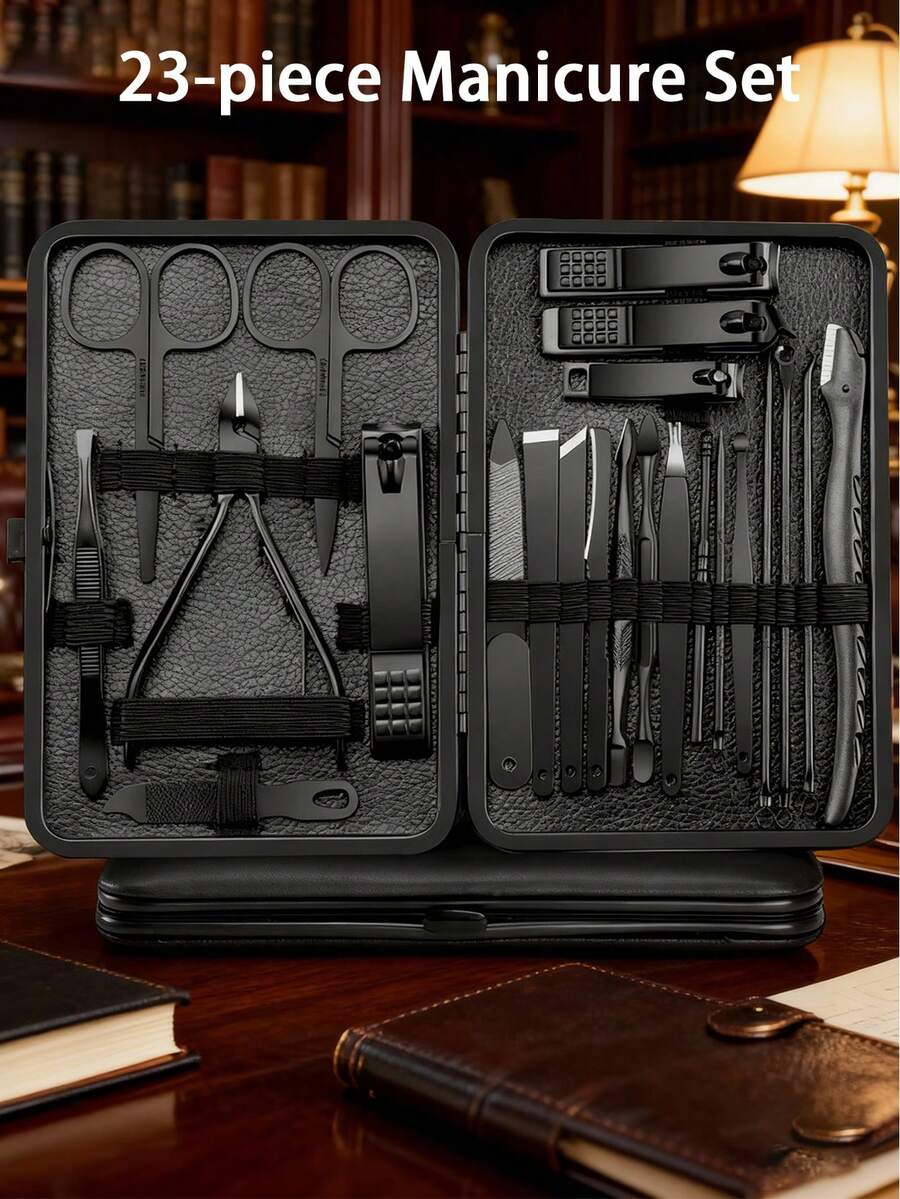 7/23pcs Black Nail Care Set, With Portable Travel Case, Nail Clipper, Nail File, Ear Pick, Face & Hand Care Kit, Gift For Boyfriend/Men/Family - Multicolor - View 1