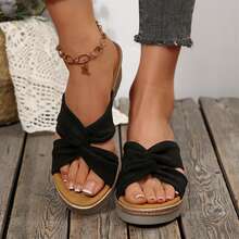 Summer Platform Sandals Women's Sandals Bow-Knot Flats Wear-Resistant Beach Travel Slippers Shoes Wedges Heels Outdoor Beach Walking Travel - 黑色 - 查看 4
