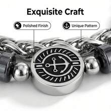 20厘米可调节指南针串珠手链，重型不锈钢双排航海方向盘手链，男士银色不锈钢双层链耐用不锈钢双层手链，适合送给朋友和爱人 - 銀色 - 查看 2