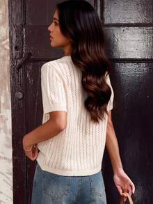 Áo thun nữ mùa hè kiểu dáng lưới rỗng, cổ tròn, tay ngắn dệt kim - Màu be - Xem 2