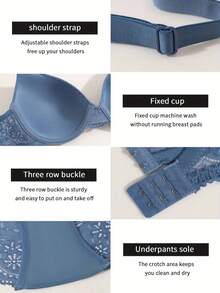 Set Bra dan Celana Dalam Wanita dari Katun Jacquard dan Renda - Biru - View 9
