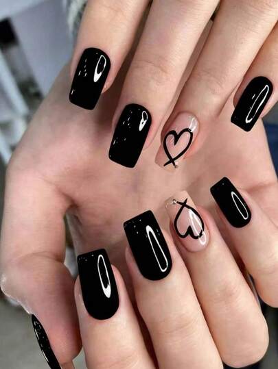 24pcs Short Square Black Heart Nail Stickers, Acrylic Material With Rhinestone Design, Perfect Fit, Black Nail Art Set Includes: 1pc Gel Polish And 1pc Nail File, Suitable For Valentine's Day, Daily Wear For Women And Girls, Also Suitable For Valentine's Day Party