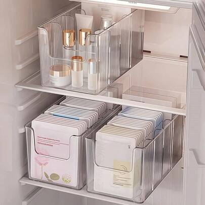 Hộp đựng đồ trong suốt 4 ngăn dung tích lớn, hộp đựng đồ trang điểm trong suốt chia ngăn, vách ngăn điều chỉnh được, hộp đựng đồ trên bàn làm việc, thích hợp đựng mặt nạ, mỹ phẩm, sản phẩm chăm sóc da, đĩa CD, có thể dùng trong phòng ngủ, trên mặt bàn, trong tủ, hộp chia ngăn trong ngăn kéo (1/2/3 chiếc).