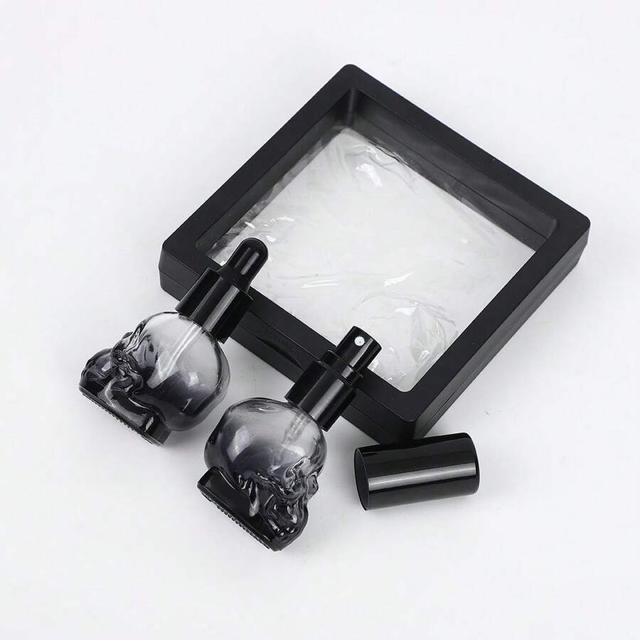 2pcs/Set Botol Pipet Kaca Tengkorak Bening/Hitam 8ml, Botol Minyak Esensial Anti Bocor, Penyimpanan Portabel - Hitam - View 1