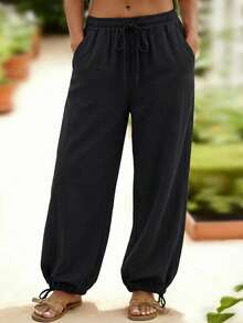 Women's Casual Solid Color Pocket Harem Pants Spring Black - Black - View 2