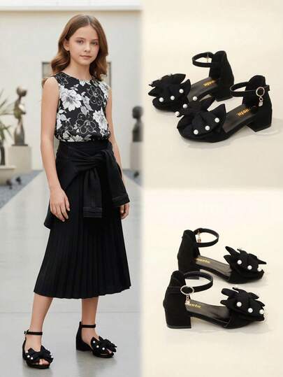 1 Pair Black Velvet Leather Sandals With Soft Velvet, Bow & Pearl Decor, Closed Toe, 3CM Block Heel, Non-Slip, Fashion Princess Style, Suitable For Daily, Casual, Holiday, Party, Spring/Summer 2026