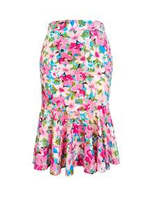 Plus Size Floral Fitted Mermaid Skirt, High Waist Design, Ruched Hem, Elastic Waistband, Body-Contouring, Polyester Fabric, Suitable For Spring And Summer - Rose Pink - View 3