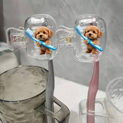 Tapa portátil para cepillo de dientes con diseño de oso de peluche lindo sosteniendo un cepillo de dientes azul, caja de almacenamiento, estuche protector de cepillo de dientes, accesorio de baño esencial para el hogar, viajes de negocios, uso diario y viajes al aire libre, solución de almacenamiento compacta, cubierta decorativa para cepillo de dientes