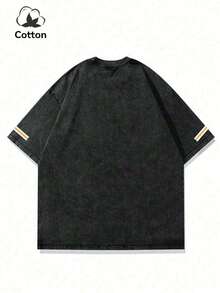 Plus Size Men's New Washed Black Short Sleeve T-Shirt Set, Cotton Short Sleeve, Street Fashion Interesting Emo Pattern 33 CHAMPIONS White English Letter Print Pattern Casual Washed Short Sleeve Set, Y2K Style, Suitable For Daily Wear - Black - View 4