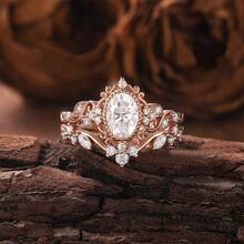 1 Set Of Retro Oval Moissanite Stackable Ring Set | Rose Gold Flower Vine Vine Engagement Bride Ring Set - Bộ nhẫn hai mảnh hình hoa, vàng hồng, đính kim cương trắng hình bầu dục. - Xem 2