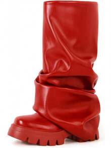 Women's Platform Round Toe Mid Calf Boots With Chunky Heel - M-red - View 15