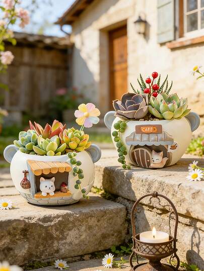 Maceta de resina con diseño de zorro de cafetería, maceta decorativa de animal de dibujos animados, maceta de resina duradera, perfecta para uso interior y exterior, ideal para decoración de jardín, patio, balcón y alféizar, excelente para suculentas, cactus y plantas pequeñas, adecuada para decoración de habitación, hogar, cumpleaños, cocina, boda, dormitorio, sala de estar, regalos, decoración de fiesta.