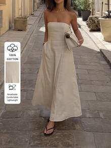 PoPoHouse Women's Elegant 100% Cotton Maxi Dress Sexy Backless Pocketed A-Line Waist Strapless Tube Flowy Dress For Daily Casual Summer Beach Vacation Party Going Out Outfit - Apricot - View 1