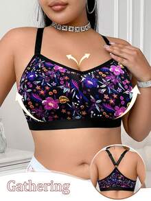 Bra Tanpa Kawat Motif Bunga Patchwork Ukuran Plus untuk Wanita, Bra Olahraga Santai Nyaman dengan Desain Racerback - Hitam - View 2