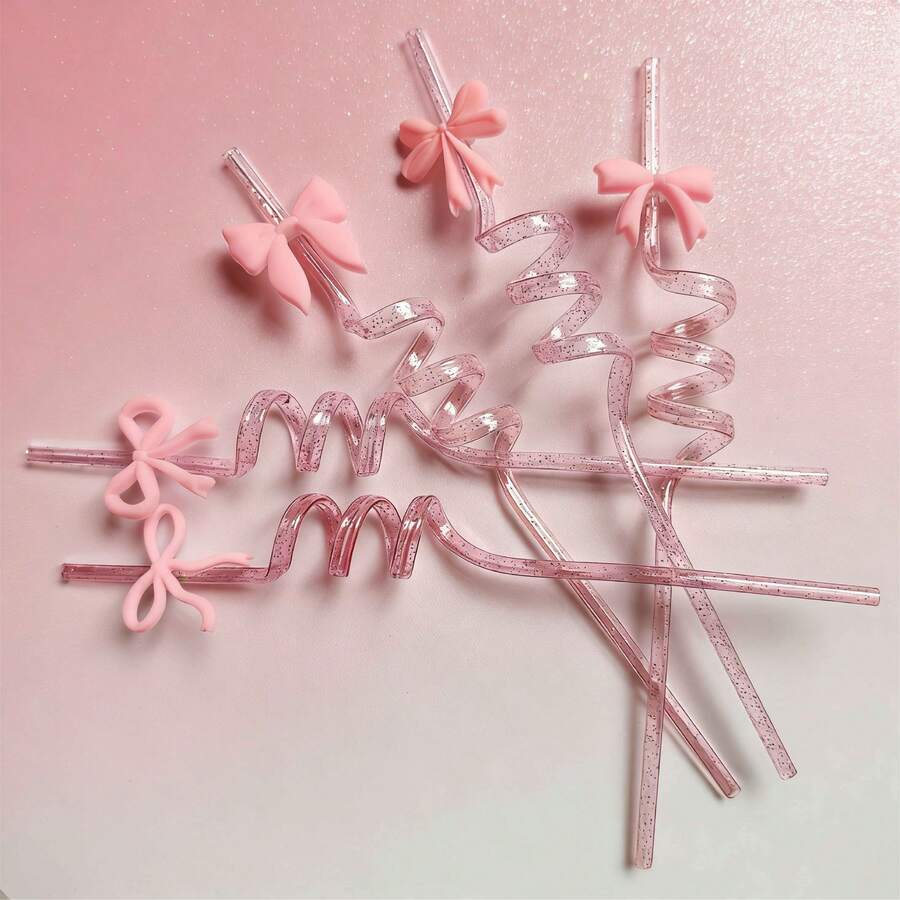 粉色闪光蝴蝶结吸管 - 可爱的派对装饰品，适合婚礼、生日、青少年睡衣派对和蝴蝶主题聚会 - 粉色 - 查看 1
