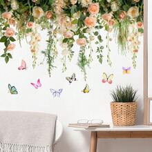 Romantic Hanging Rose Wall Sticker Set With Colorful Butterflies, Peach & Cream Floral Vine Decal For Bedroom Living Room, Waterproof Self-Adhesive Bathroom Decor Sticker Wall Stickers Wall Sticker Wall Decor Stickers Home Decor Art - T149 - View 5
