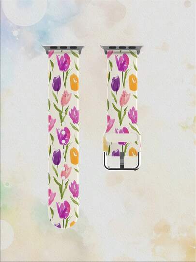 1 chiếc dây đeo đồng hồ thay thế mềm mại, co giãn, thoáng khí, thoải mái hình lá xanh và hoa tulip đỏ tím, phù hợp với 38mm 40mm 41mm 45mm 44mm 42mm 49mm, họa tiết hoa lá nhiều màu sắc, quà tặng ngày lễ, thời trang hàng ngày, dây đeo silicon nhiều màu sắc, tương thích với Apple Watch Ultra Series S10/SE/9/8/7/6/5/4/3/2/1. Phụ kiện đồng hồ thông minh.