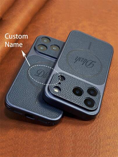 [Customized] Personalized Customized Letters Engraving Name Low Luxury Magnetic Attraction Lychee Pattern Faux Leather Phone Case Compatible With IPhone 17 Pro Max 17 16 15 14 13 Pro Max Shockproof Protective Cover