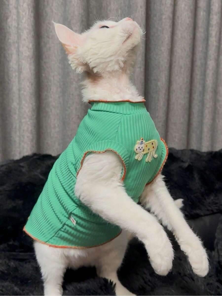 可爱刺绣条纹猫咪图案无袖宠物背心，透气宠物服装，适合春夏穿着 - 綠色 - 查看 1