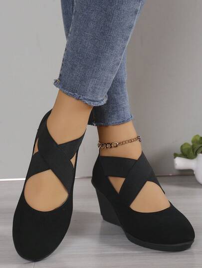 女式交叉系带一脚蹬松紧带坡跟厚底黑色鞋，防水，时尚圆头，百搭，防滑，加大码高跟鞋，低帮芭蕾平底鞋，复古风格