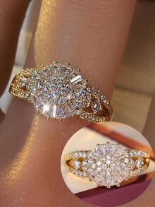 1枚闪亮向日葵戒指，奢华全镶立方氧化锆设计，优雅简约鸡尾酒戒指，高端通勤珠宝 - 戒指 - 查看 5