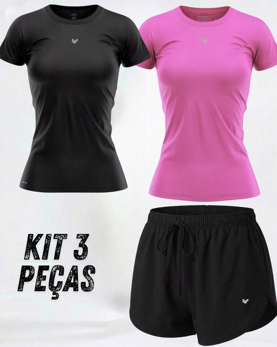 Women's 3-Piece Gym Kit: 2 Dry Fit T-Shirts + Comfortable Tactel Shorts - Women's 3-Piece Fitness Set With 2 Dry Fit Tops + Lightweight Shorts - 套件 B - 查看 1