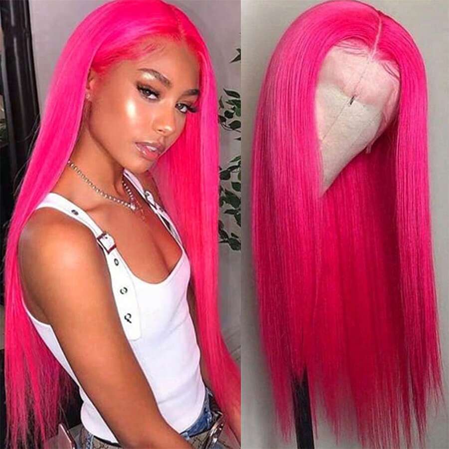 13x4 Free Part Mint Green Long Straight Lace Front Wigs Glueless Long Silky Straight Wigs Pre Plucked HD Lace 180% Density Light Green Wig Soft Free Part Wear And Go Lace Front Wigs For Fashion Women Party & Daily Wear 26 Inch - 玫紅色 - 查看 1