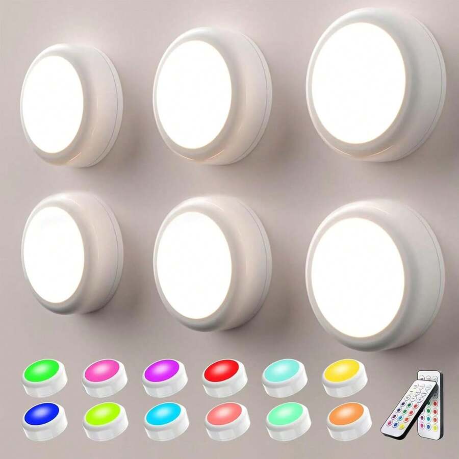 1/3/6pcs Wireless Wall Lights, Living Room Lighting, Triple RGB Wireless LED Wall Lamps, Cabinet Lighting, LED Spotlights, Battery Powered With Remote Control, Lighting Fixtures, LED Lights, Night Lights, Illumination, Reading Lights, Wireless Spotlights, Suitable For Corridor, Bathroom, Bedroom, Kitchen Cabinet, Stairs, Home Decor - 白色 - 查看 1
