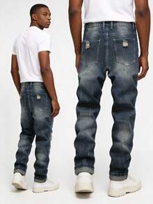 Men's Retro Washed Distressed Slim Fit Jeans With Wear Patch Details - Western Style Denim Pants, Blue Washed Slim Fit Jeans, Men's Casual Stretch Retro Distressed Denim Jeans, Men's American Street Ripped Jeans, Men's Bottoms, Without Waistband - 藏蓝色 - 查看 5
