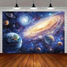 1 件精美绝伦的外太空行星背景横幅 - 充满活力的星系和宇宙场景，点缀着旋转的星星、月亮和火箭 - 耐用的涤纶材质，可用于照片墙装饰，适用于直播、派对、生日、周年纪念、房间、花园或庭院装饰 - 室内/室外均可使用，月亮装饰 - 5 - 查看 6