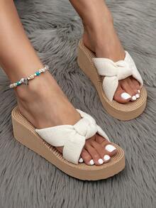 KATE MIUCH Women's Spring/Summer French Fashion Casual Sweet Cute Elegant Energetic Suitable For Matching Dresses, Valentine's Day Beach Date, Mother's Day Shopping, Picnic White/Beige/Khaki Bow Tie Wedge Sandals, Summer Shoes, Beach Shoes; European/Asian Bohemian Retro Literary Girl Vibe, Lightweight Comfortable Shock-Absorbing Increasing Height Slimming White Women Wedge Slippers, Outdoor Shoes - Beige - View 4