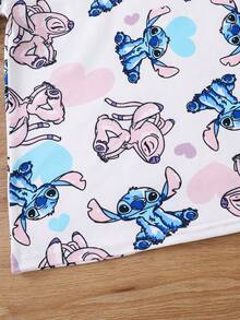 Disney Bộ đồ ngủ mùa hè cho bé gái in hình Stitch và trái tim thiên thần dễ thương, tay ngắn, quần dài chất liệu mềm mại, cạp chun. - trắng - Xem 6