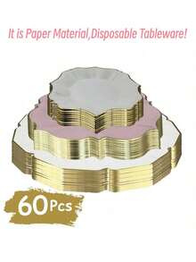 60pcs Pink Scalloped Paper Plates, Party Supplies, Including 20pcs Dessert Plates, 20pcs Lunch Plates And 20pcs Dinner Plates, Gold Foil Scalloped Edges, Suitable For Birthday, Wedding, Anniversary Celebrations Disposable Party Tableware (7inch + 9inch + 10inch) - White - View 4