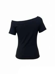 Women's Off Shoulder Short Sleeve T-Shirt With Letter Print, Summer - Black - View 7