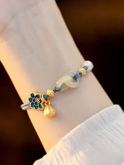 1件复古百搭互扣护身符手链，独特设计仿和田玉珍珠莲花手链（款式随机）