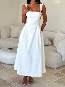 Look Polly 女士优雅纯色方领露背系带A字连衣裙，宽肩带收腰度假伴娘礼服，婚礼宾客长裙派对 - 白色 - 查看 6
