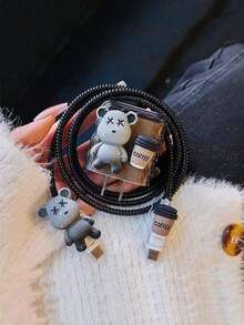 4-Piece Set Black Wavy Bear Coffee Bean 1.5m Data Cable Winder Fixer Charger Head Protective Cover, Black Bear Coffee Bean Anti-Breakage Winder Data Cable Fixer TPU Charger Head Protector, Compatible With IPhone 12/13/14, 20w Fast Charging Data Cable - Multicolor - View 5