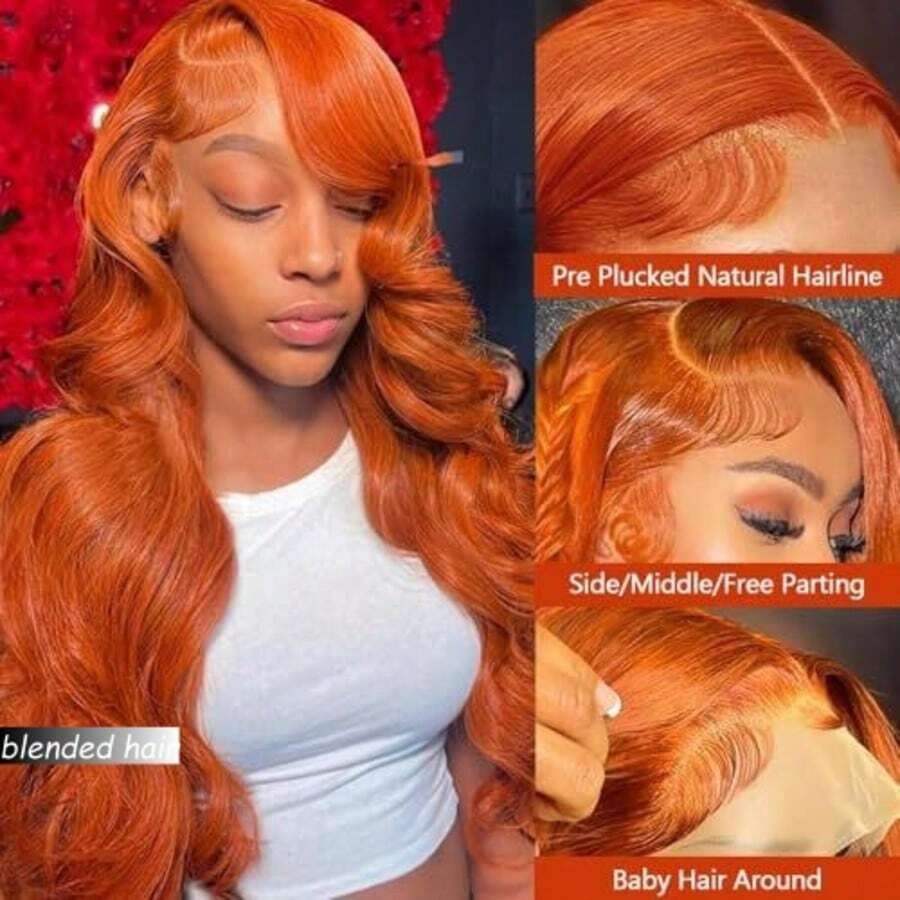 13x4 波浪卷蕾丝前假发，真人混纺发丝，预先拔毛，高清透明蕾丝前假发，带婴儿发，180% 密度，无胶巴西原生真人混纺发丝蕾丝前假发，女士款，姜橙色，350，22英寸 - S350 - 查看 1