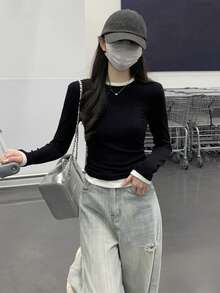 Women's Spring Round Neck Contrast Color 2 In 1 Pleated Long Sleeve T-Shirt Top Casual Black - Black - View 3