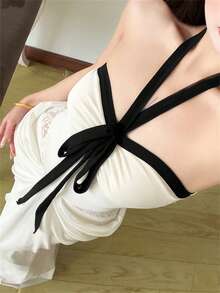 Đầm hở lưng cổ yếm phối lưới gợi cảm, thanh lịch cho mùa hè, dự tiệc sinh nhật. - trắng - Xem 5