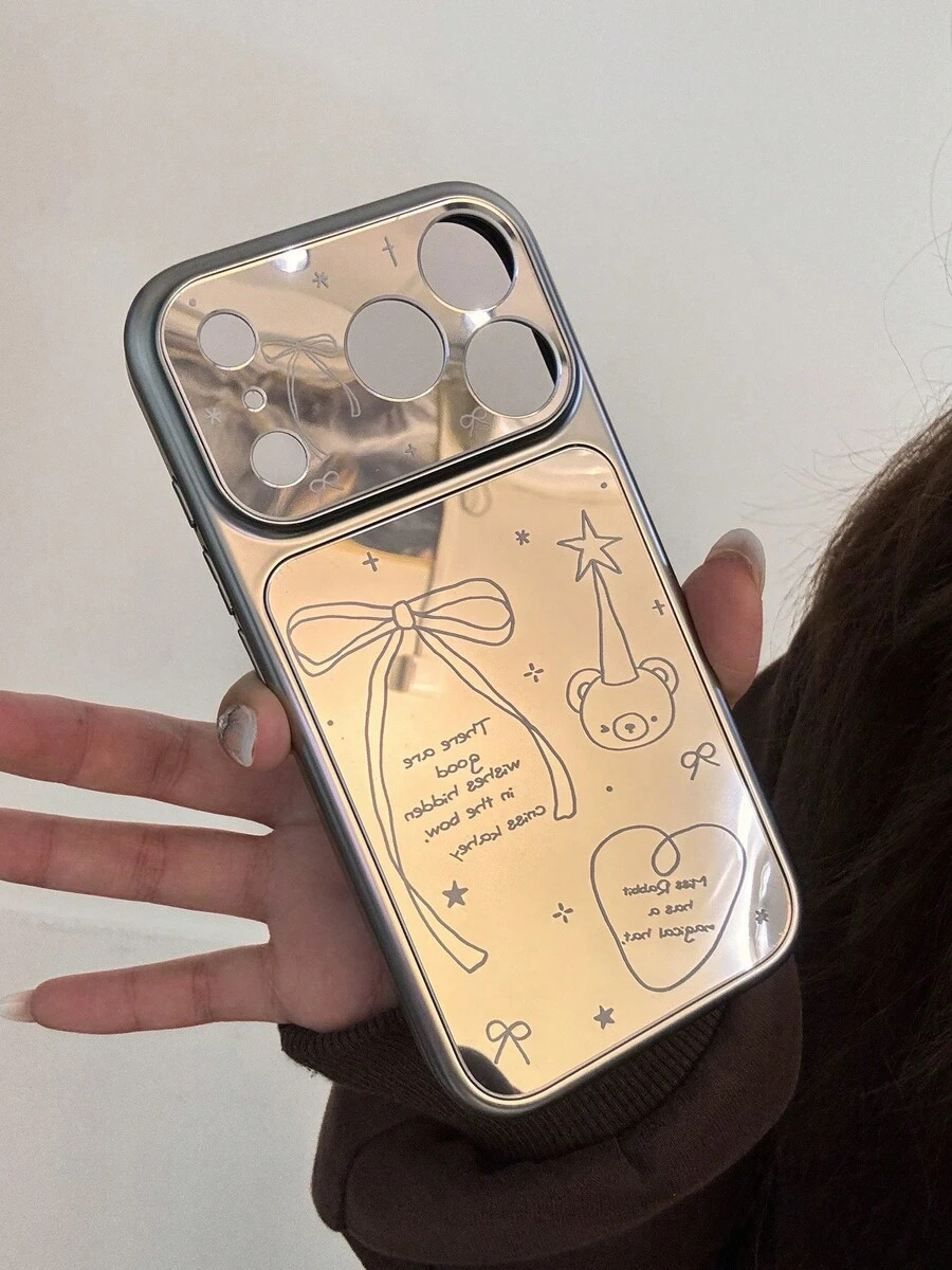 Compatible With IPhone 17 Pro Phone Case, Full Coverage Lens Protection Anti-Fall Mirror Protective Cover, Suitable For IPhone 14 Pro, 16, 15 Pro Max, 13, Cartoon Minimalist Bow Design - Silver - View 1