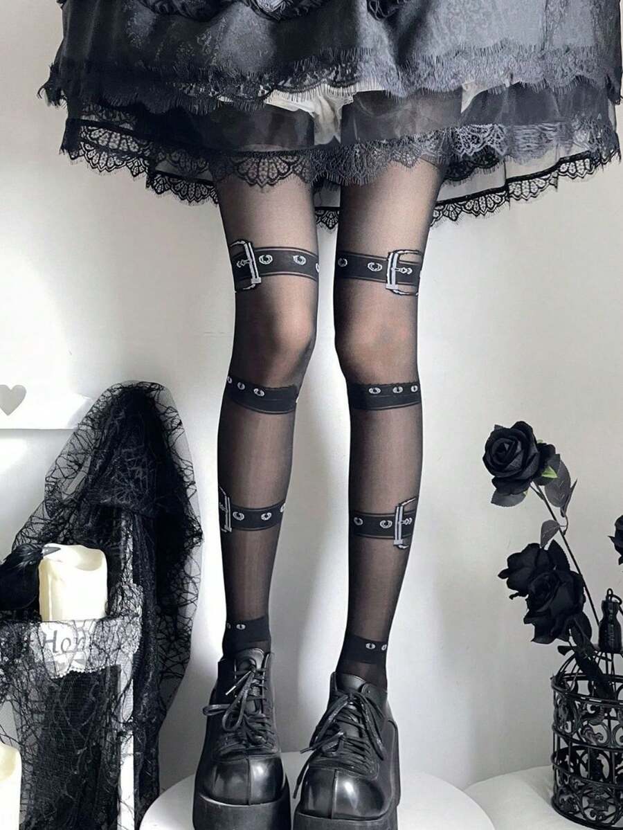 1件新款个性化性感吊袜带丝袜，显瘦印花连裤袜，女士透明丝袜 - 彩色 - 查看 1