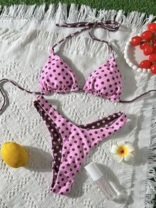 Bộ bikini gợi cảm dành cho nữ, kiểu dáng retro dễ thương với họa tiết hoa nhí, bikini tam giác có thể mặc hai mặt, đồ bơi đi biển, nghỉ mát, màu hồng mùa hè. - Hồng - Xem 9