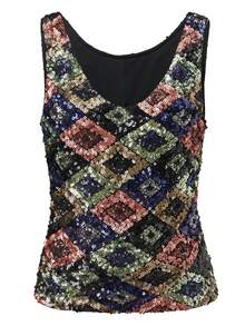Women Y2K Sequin Tank Tops Contrast Sparkly V Neck Sleeveless Slim Vest Going Out Cami Top Stylish Summer Streetwear Club Party Night Out - 黑色 - 查看 7