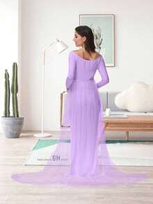 JustVH Maternity Long Sleeve Floor-Length Mesh Maternity Photography/Party Dress - Lilac Purple - View 3