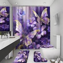 Bộ 1/4 - Bộ rèm tắm hình bướm tím, rèm tắm chống thấm nước họa tiết hoa bướm vàng lá phong cách trang trại hiện đại, kèm 12 móc treo, thảm chống trượt phòng tắm, thảm chữ U cho bồn cầu, tấm phủ nắp bồn cầu, quà tặng gia đình. - A - Xem 10